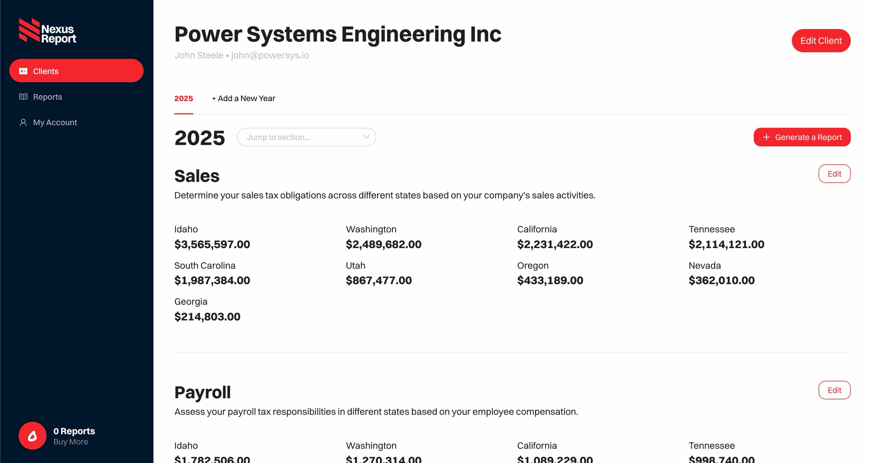 Nexus Report app dashboard showing client sales and payroll tax data