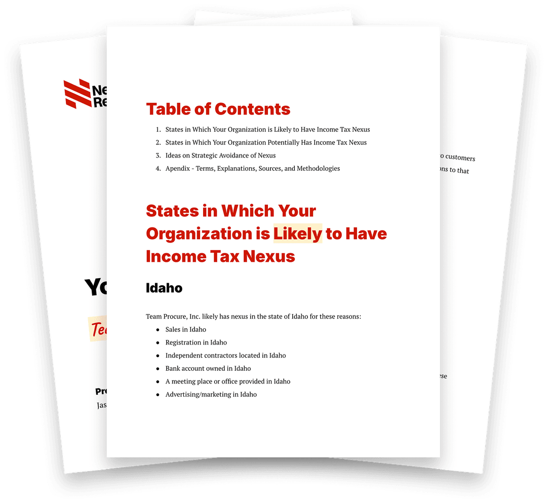 A Nexus Report detailing income tax nexus for Team Procure, Inc. in Idaho